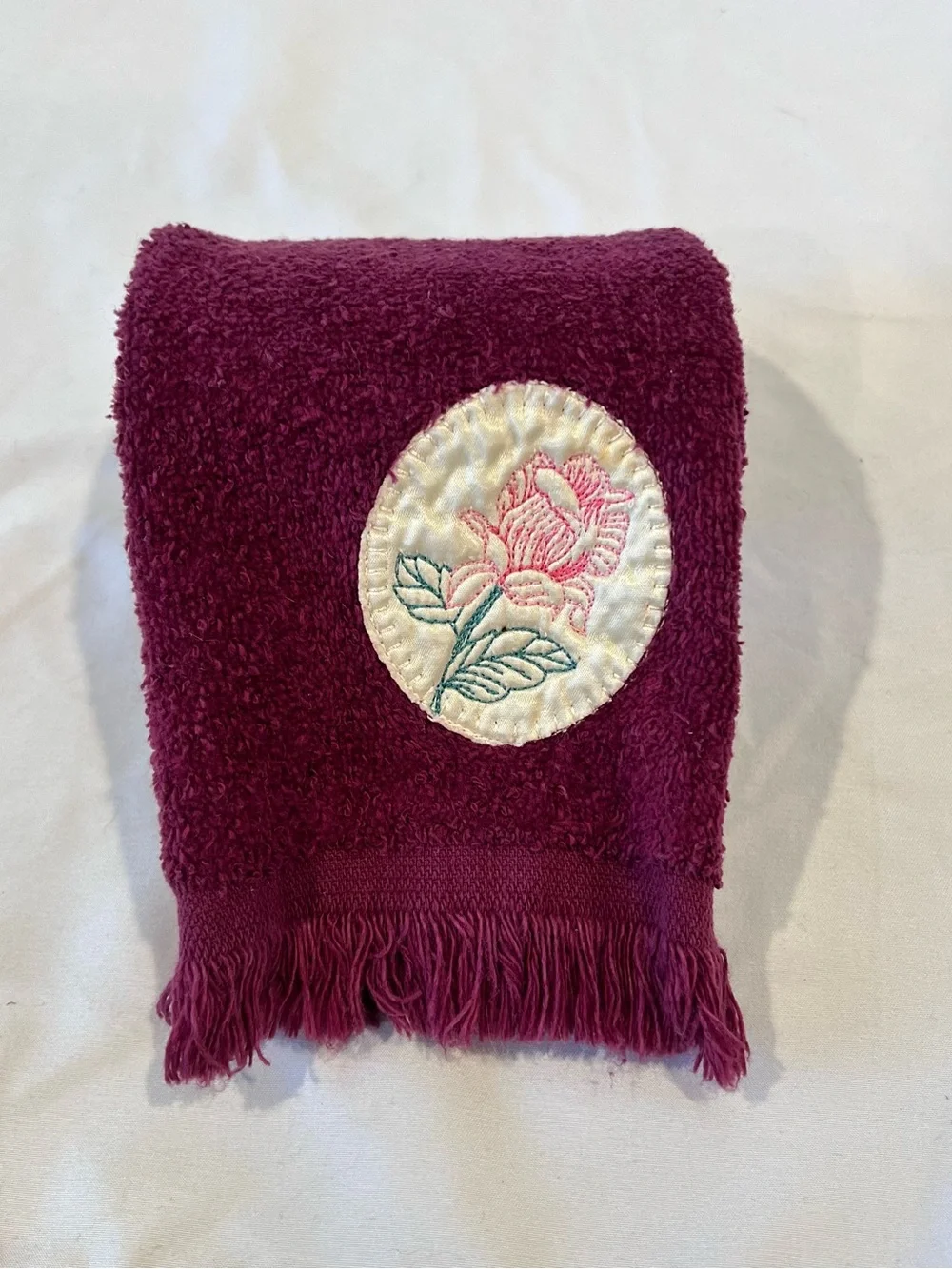 Vintage Cannon Burgundy Rose Embroidered Hand Towel Made USA